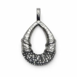 Artisan Hammered Teardrop Pendant w/ Pave Crystal Detail Silver Tone